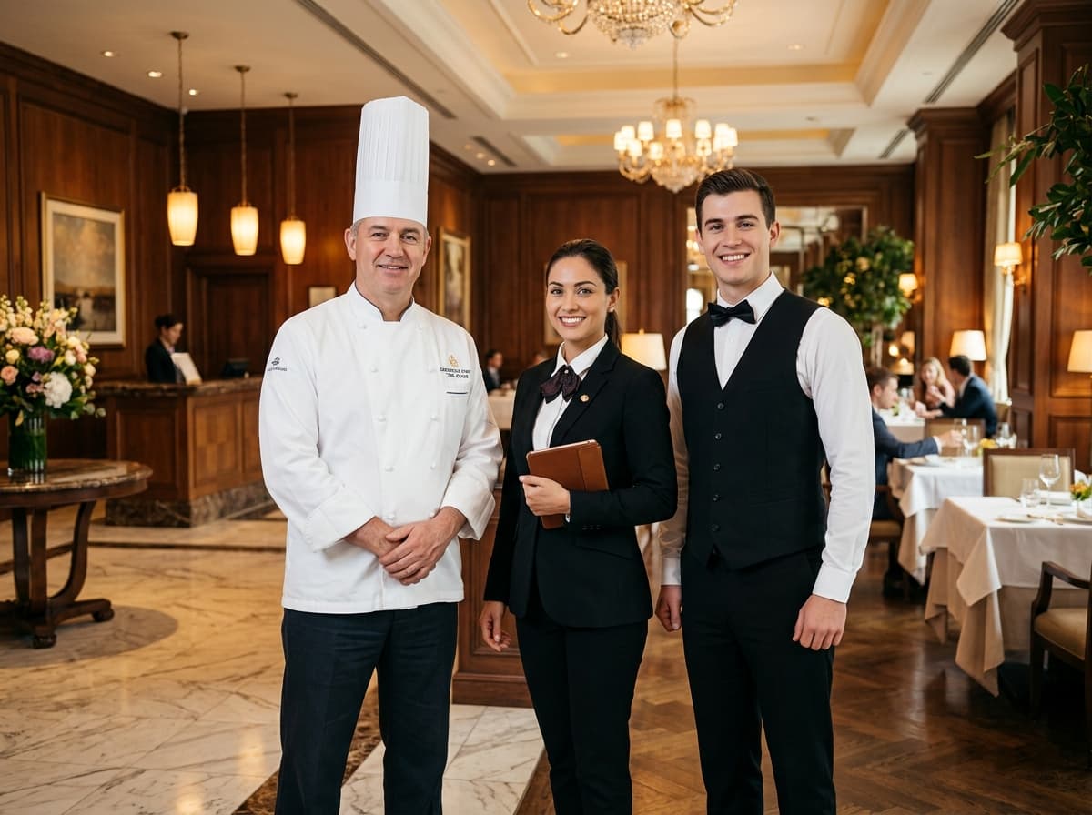 Hotel front-office and housekeeping staff in Hospo Medi Care uniforms